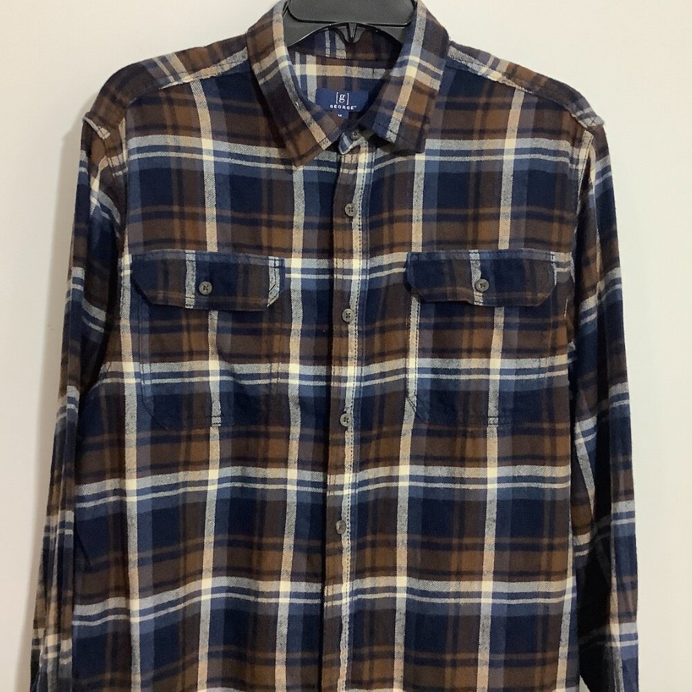 Mens Brown Plaid Flannel Shirt George Med (38-40) Long Sleeve - Picture 3 of 7